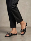 SANDALEZ BLACK – Embellished Bow Flat Sandals