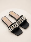 Crystal Embellished Black Flat Slides