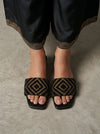 Black & Gold Geometric Embellished Flat Slide Sandals
