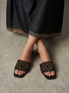 Black & Gold Geometric Embellished Flat Slide Sandals