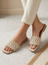 Diamond Pearl Embroidered Flat Slides – Ivory & Gold