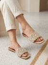 Diamond Pearl Embroidered Flat Slides – Ivory & Gold