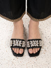 Crystal Embellished Black Flat Slides