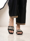 Crystal Embellished Black Flat Slides